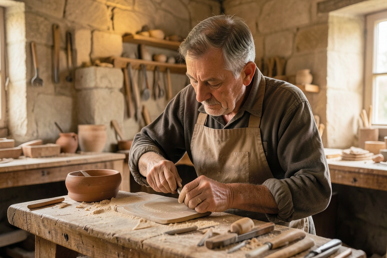Artisan travaillant dans un atelier en pierre