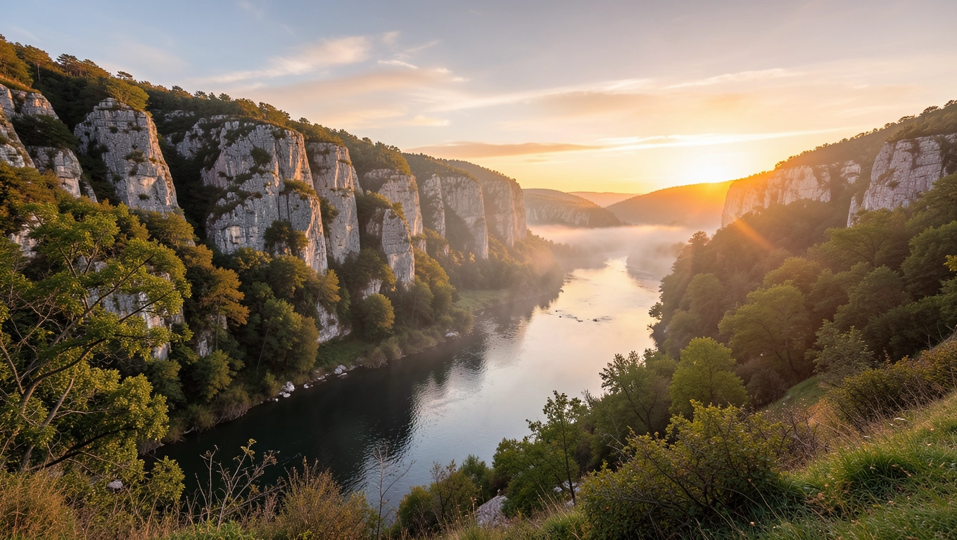 Panorama de la vallée de la Vézère au lever du jour