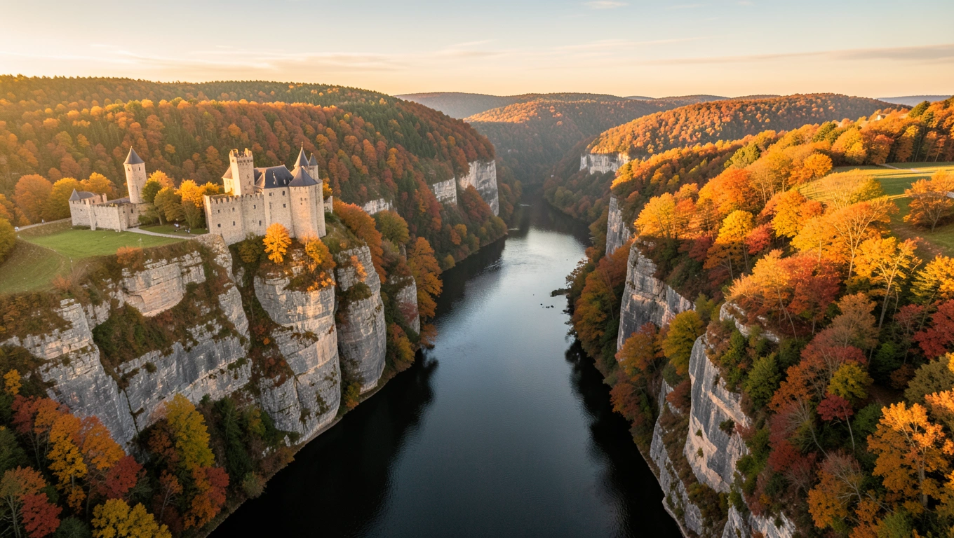 Vue aérienne de la vallée de la Dordogne au coucher du soleil, château sur une falaise