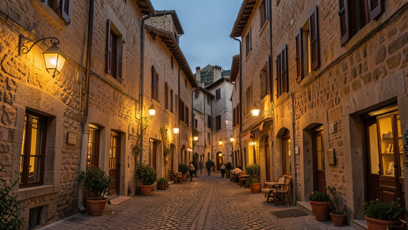 Ruelle de Sarlat-la-Canéda éclairée le soir