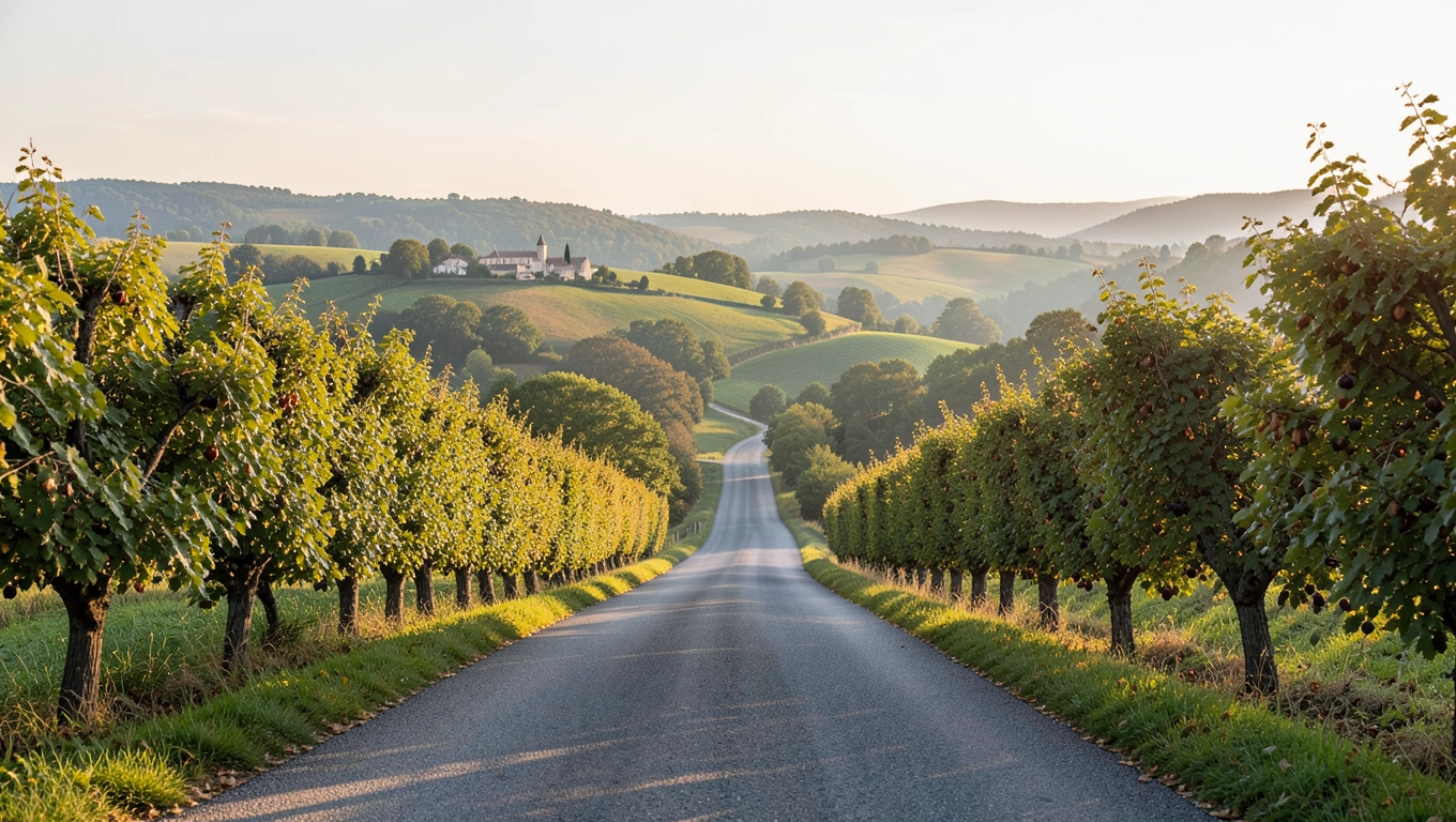 Route de campagne dans les collines du Périgord
